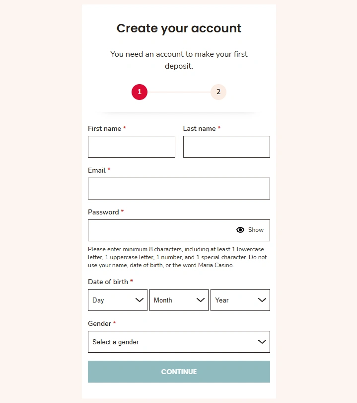 Registreringsformulär för Maria Casino